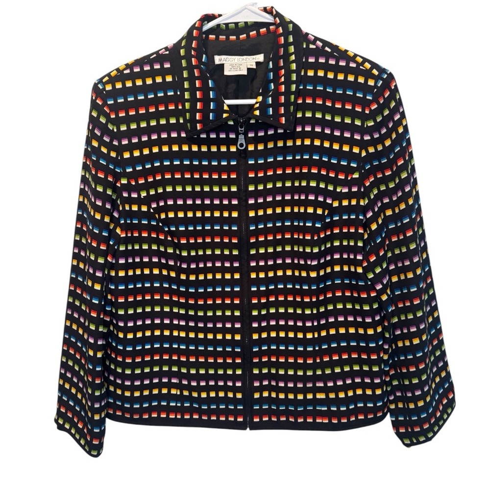 VTG Maggy London Womens Black Colorful Silk Zip Front Jacket Geometric Print 14